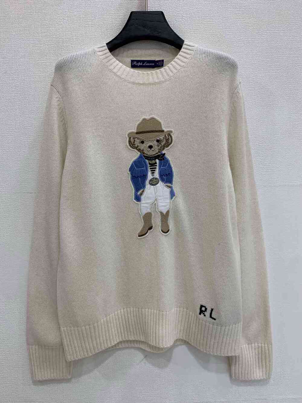 Ralph Lauren Purple Label Cream Cowboy Bear Applique Crewneck Sweater